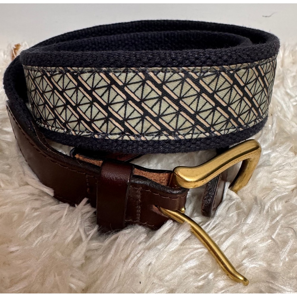Coastal Vineyard Vines Canvas Leather Belt Navy Blue Geometric Size 42 USA
